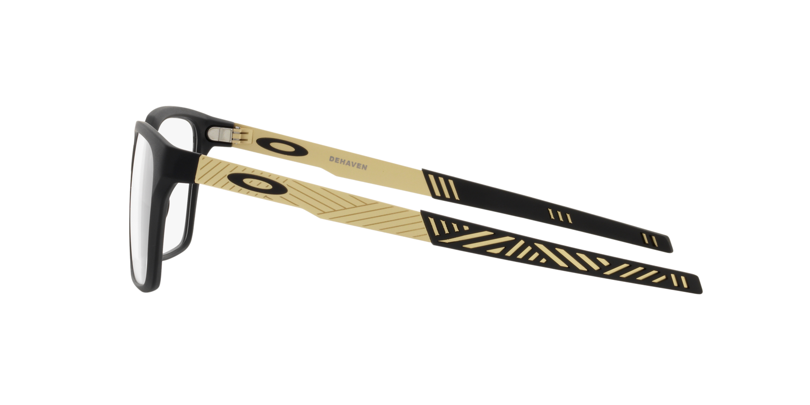 Das Bild zeigt die rechteckige Brille OX8054 805404 für Herren von der Marke Oakley in schwarz gold seitlich