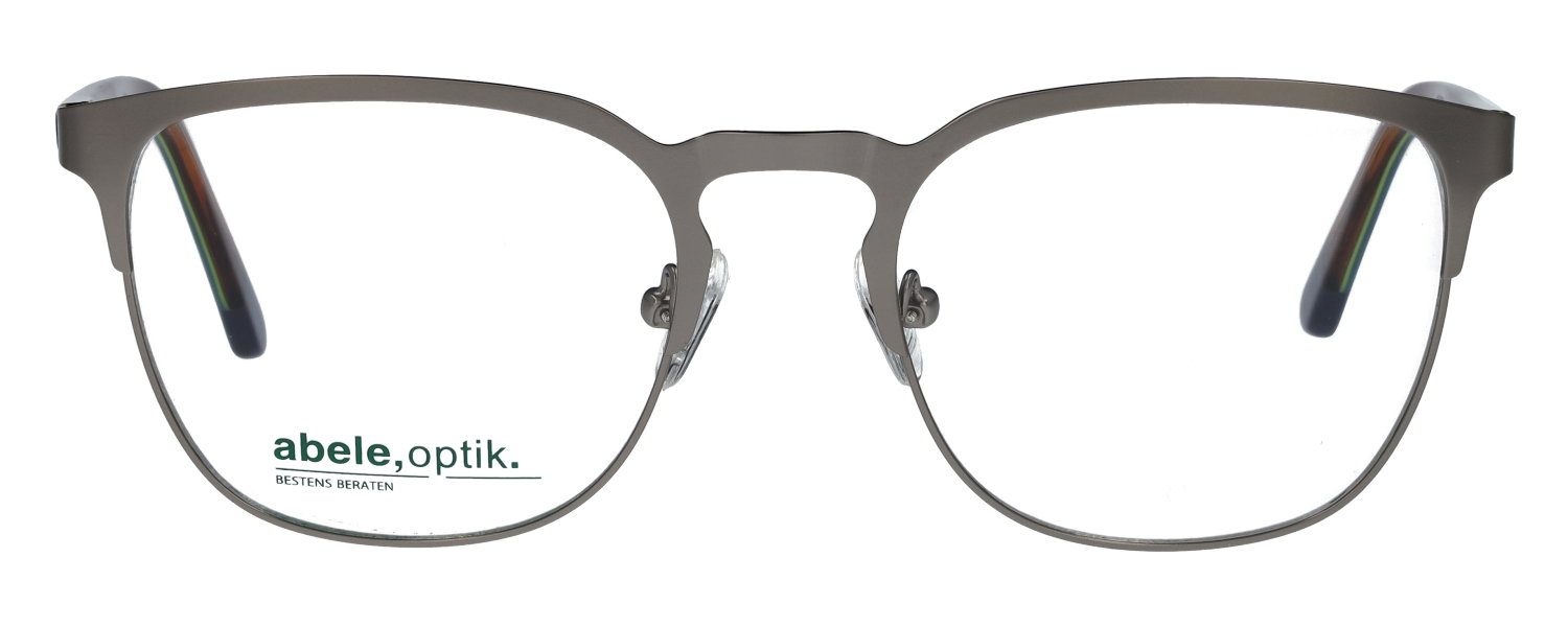 Das Bild zeigt die rechteckige Brille 143981 für Herren von der Marke Abele Optik in grau, matt, silber mit blauen Bügeln von vorne