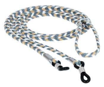 Das Bild zeigt ein Brillenband in grau-weiß-gelb geflochten.