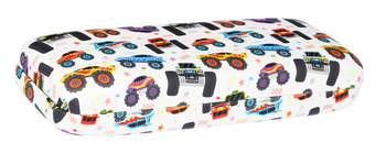 Das Bild zeigt ein Kinderbrillenetui mit aufgedruckten Monstertrucks.