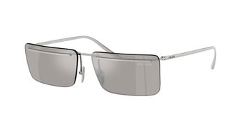 Das Bild zeigt die Prada Sonnenbrille für Herren PR C53S in Silber mit grau verspiegelten Gläsern von seitlich.