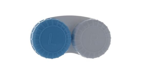 Das Bild zeigt einen Kontaktlinsenbehälter in blau / weiß.