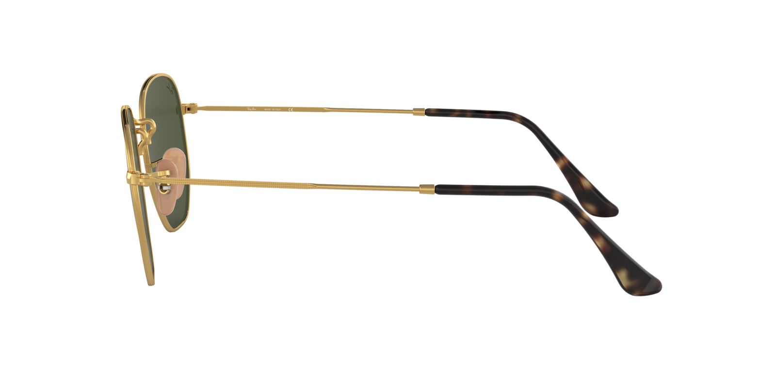 Das Bild zeigt die ovale Sonnenbrille RB3548N 001 54 für Damen von der Marke Ray-Ban in gold mit grünen Gläsern seitlich