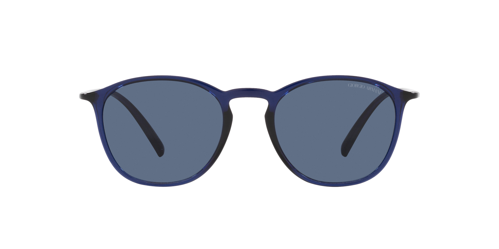 Das Bild zeigt die quadratische Sonnenbrille AR8186U 600380 52 für Herren von der Marke Giorgio Armani in blau transparent von vorne