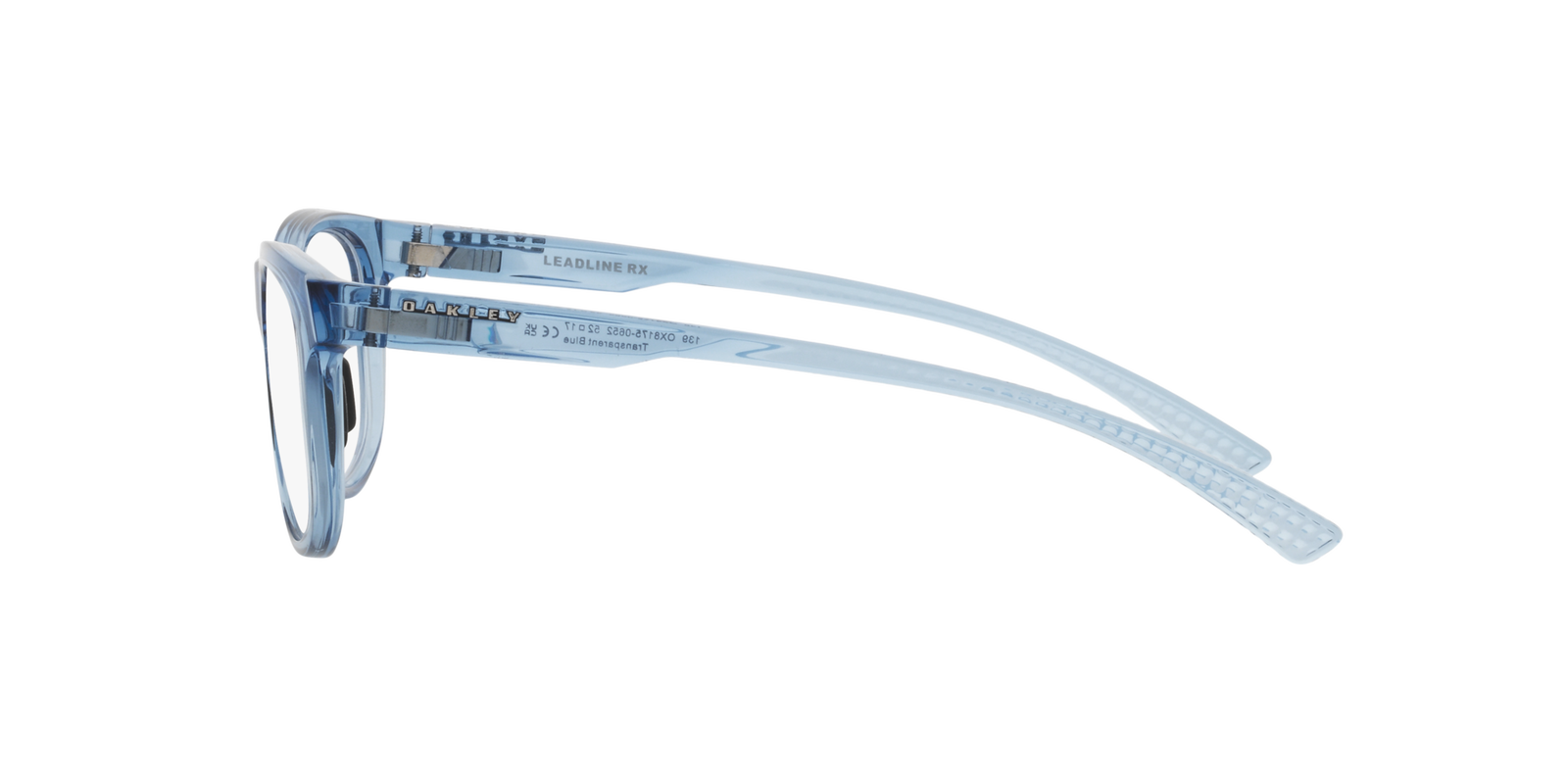 Das Bild zeigt die ovale Brille OX8175 817506 für Damen von der Marke Oakley in blau transparent seitlich
