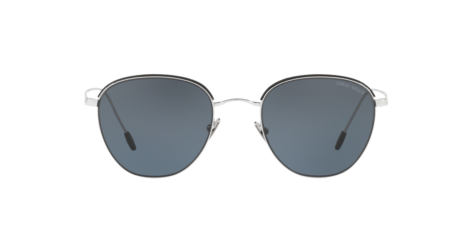 Das Bild zeigt die quadratische Sonnenbrille AR6048 für Herren von der Marke Giorgio Armani in silber mattschwarz von vorne