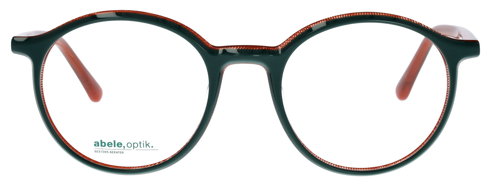 Das Bild zeigt die Brille 149101 von der Marke Abele Optik in dunkelgrün/orange