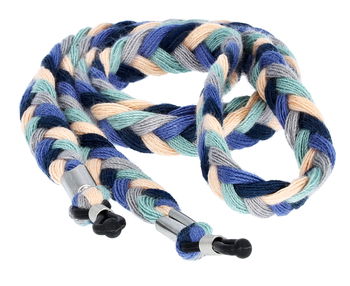 Das Bild zeigt ein Brillenband in blau-schwarz-grau geflochten.