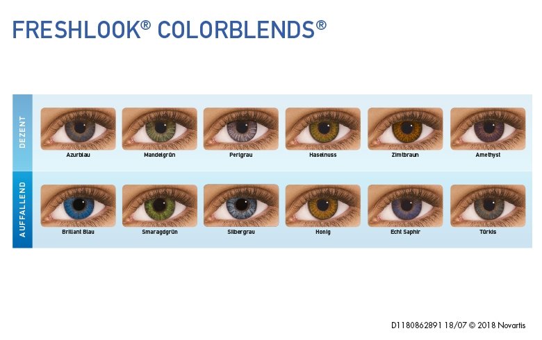Das Bild zeigt die farbige Kontaktlinse FreshLook Colorblends von der Marke Alcon anhand von Beispielbildern.