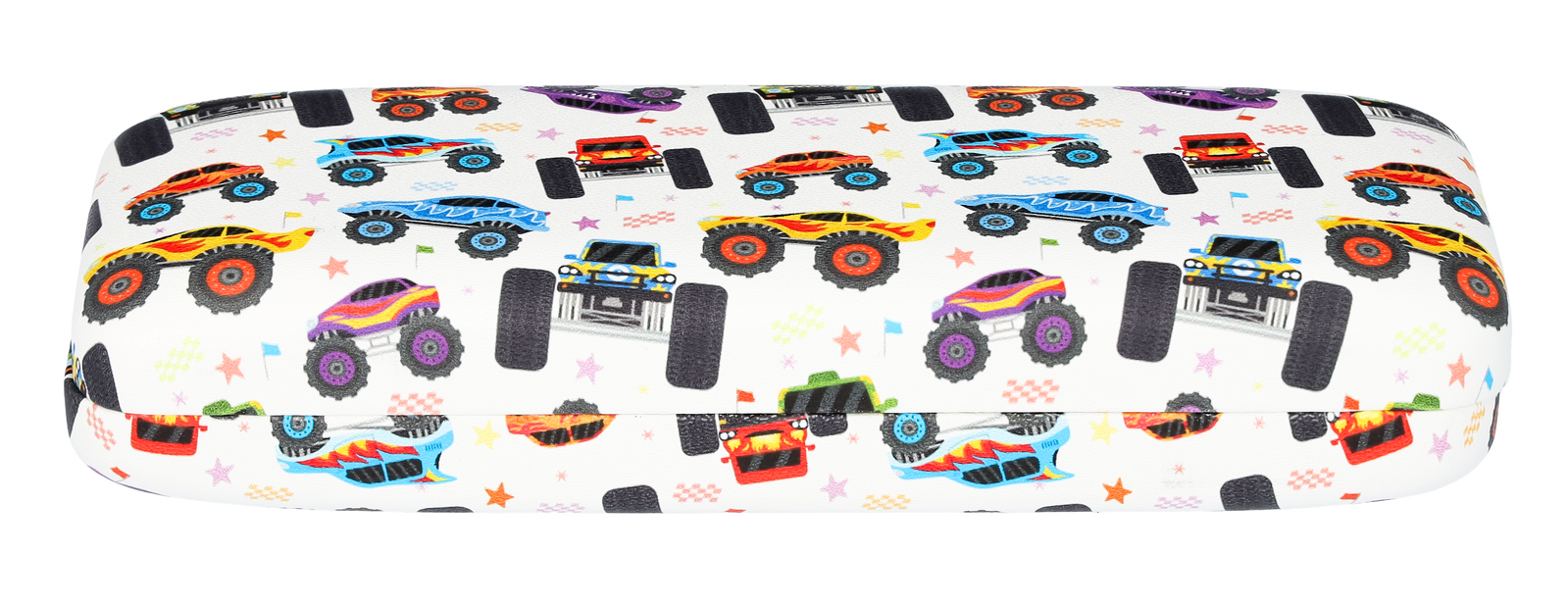 Das Bild zeigt ein Kinderbrillenetui in weiß mit bunten Monstertrucks.