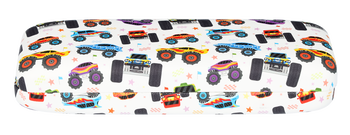 Das Bild zeigt ein Kinderbrillenetui in weiß mit bunten Monstertrucks.