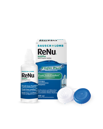 Zu sehen sind eine Packung ReNu Pflegemittel, ein ausgepacktes Fläschchen sowie ein Linsenbehälter