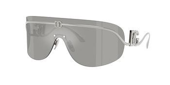 Das Bild zeigt eine seitliche Ansicht der Dolce&Gabbana Sonnenbrille 2320 in Silber mit grau verspiegelter Scheibe.