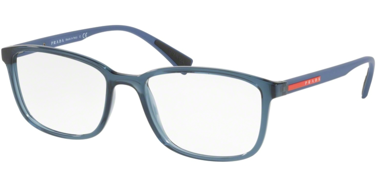 Das Bild zeigt die Korrektionsbrille PS04IV CZH1O1 von der Marke Prada Linea Rossa in blau transparent.