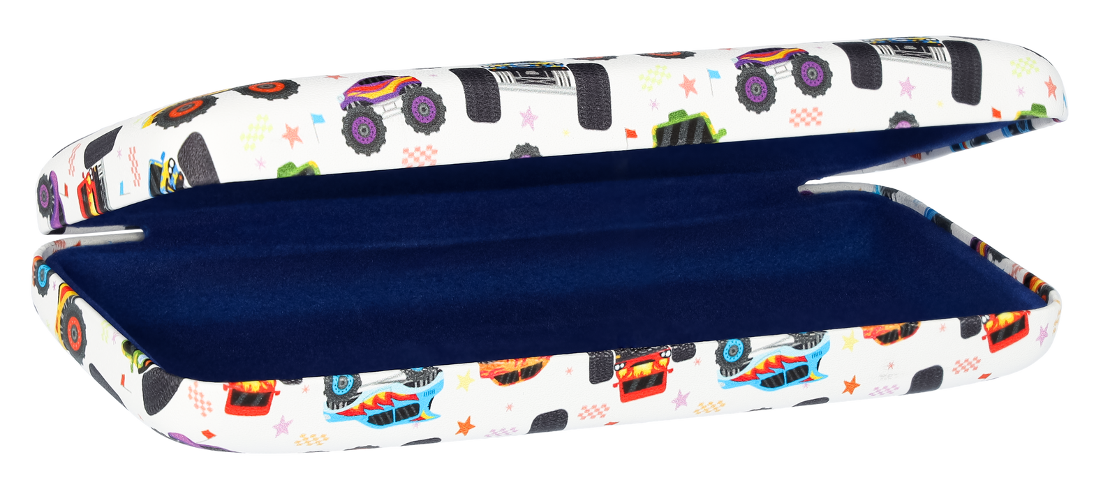 Das Bild zeigt ein leicht geöffnetes Kinderbrillenetui mit Monstertrucks.