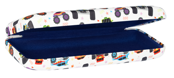 Das Bild zeigt ein leicht geöffnetes Kinderbrillenetui mit Monstertrucks.