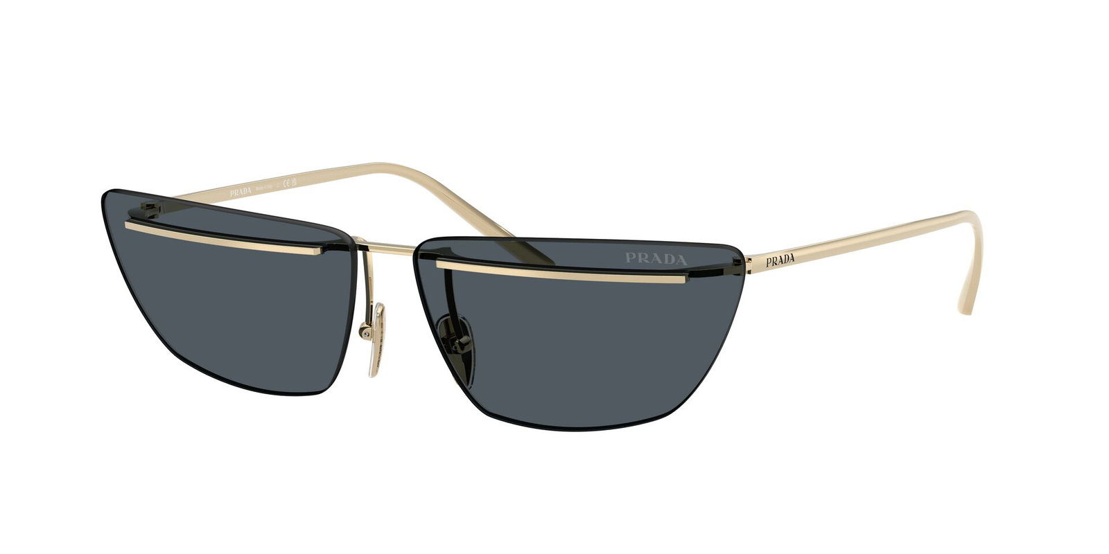 Das Bild zeigt die Prada Sonnenbrille PR C52S in Hellgold von seiltich.
