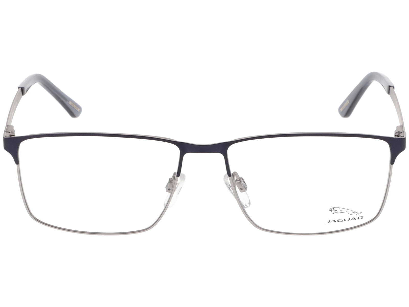Zu sehen ist eine schwarz-silbrige Brille mit eckigen Gläsern