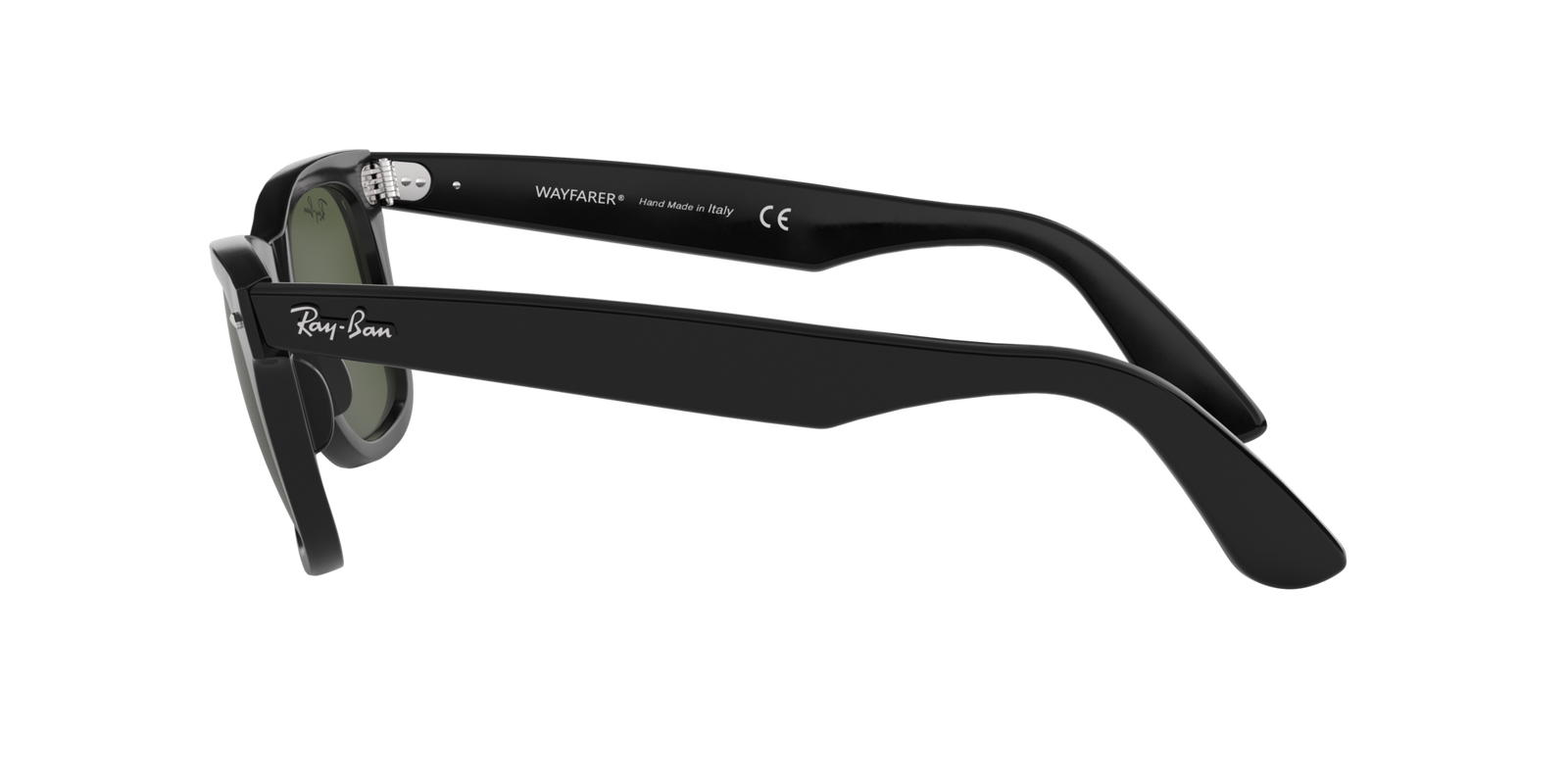 Das Bild zeigt die Ray Ban Wayfarer in schwarz von der Seite.