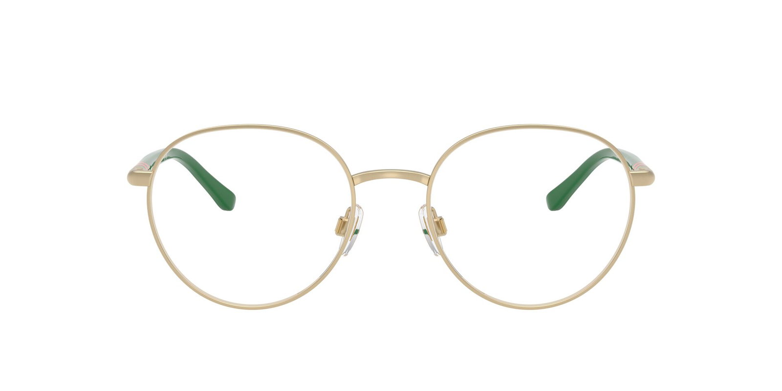 Das Bild zeigt die Korrektionsbrille 1236 von der Marke Polo in Gold mit grünen Bügeln.