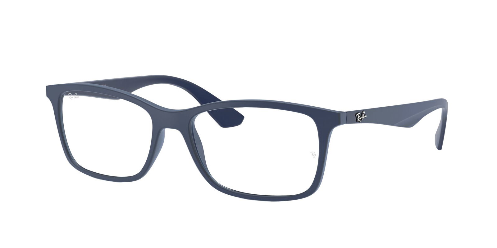 Das Bild zeigt die Korrektionsbrille RX7047 von Ray Ban in Blau matt leicht seitlich.