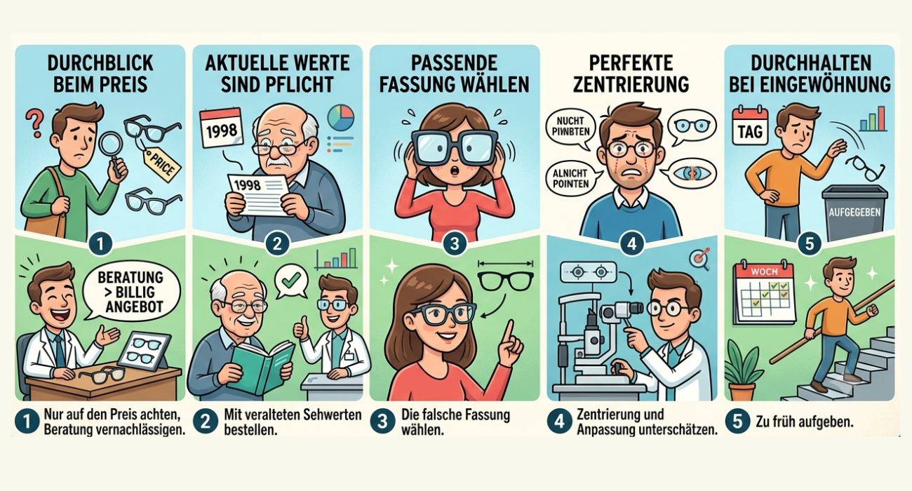 Zu sehen ist eine Infografik zu den 5 größten Fehlern beim Gleitsichtbrillenkauf.