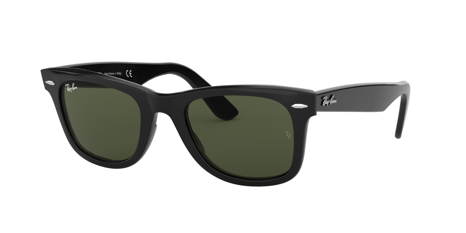 Das Bild zeigt die Ray Ban Wayfarer in schwarz leicht seitlich.