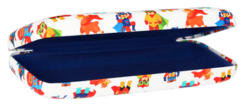 Das Bild zeigt das offene Kinderbrillenetui mit Tierhelden-Motiv.