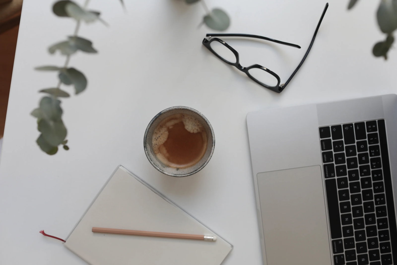 Das Bild zeigt einen Laptop mit Brille, Block, Tasse und Eukalyptus.