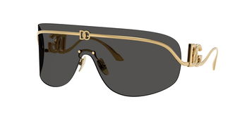 Das Bild zeigt eine seitliche Ansicht der Dolce&Gabbana Sonnenbrille 2320 in Gold mit dunkelgrauer Scheibe.
