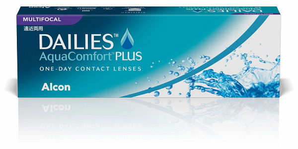 Das Bild zeigt die Verpackung der Dailies Aqua Comfort Plus Multifocal Kontaktlinse.