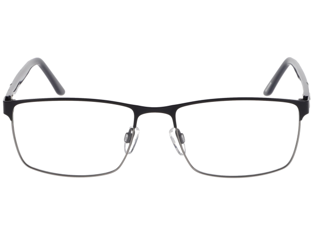 Zu sehen ist eine Brille mit eckigen Gläsern und schwarzem Edelstahlgestell