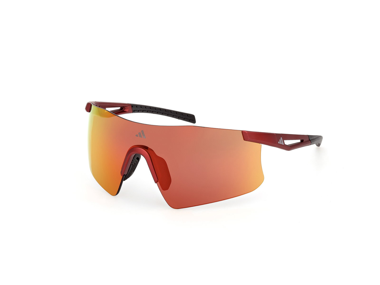 Das Bild zeigt die Adidas Sport Sonnenbrille Kaphiros SP0122 in matt dunkelrot leicht seitlich.