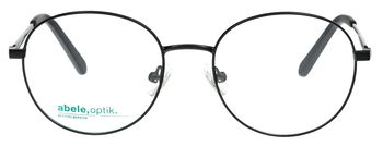 Das Bild zeigt ein runde, schwarze Metallbrille von vorne.