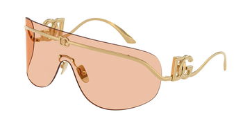 Das Bild zeigt eine schräge Ansicht der Dolce&Gabbana Sonnenbrille 2320 in Gold mit brauner Scheibe.