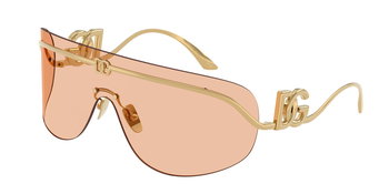 Das Bild zeigt eine schräge Ansicht der Dolce&Gabbana Sonnenbrille 2320 in Gold mit brauner Scheibe.