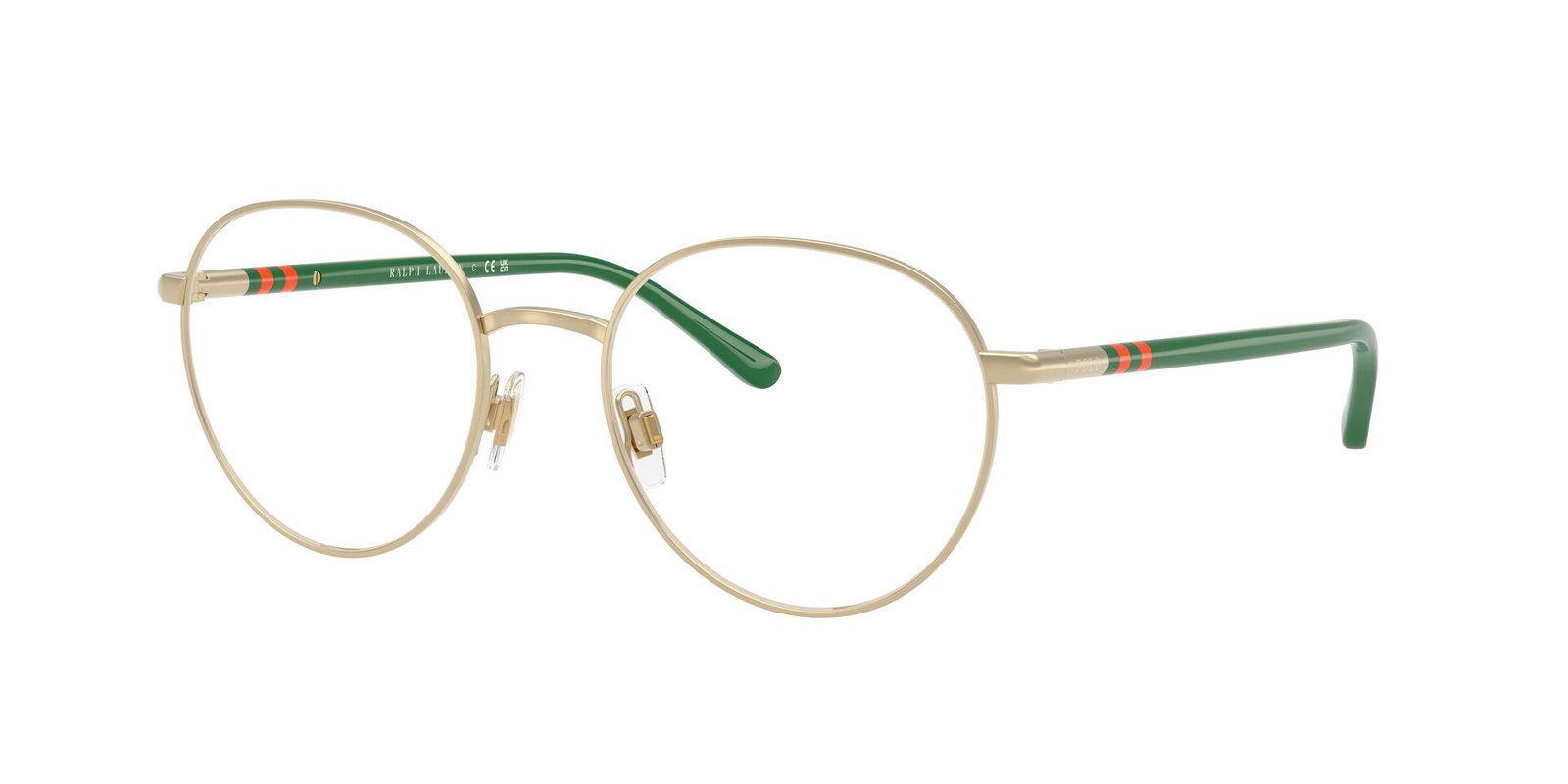 Das Bild zeigt die Korrektionsbrille 1236 von der Marke Polo in Gold mit grünen Bügeln.