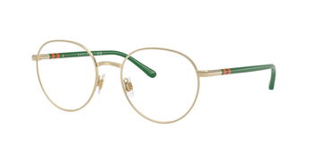 Das Bild zeigt die Korrektionsbrille 1236 von der Marke Polo in Gold mit grünen Bügeln.