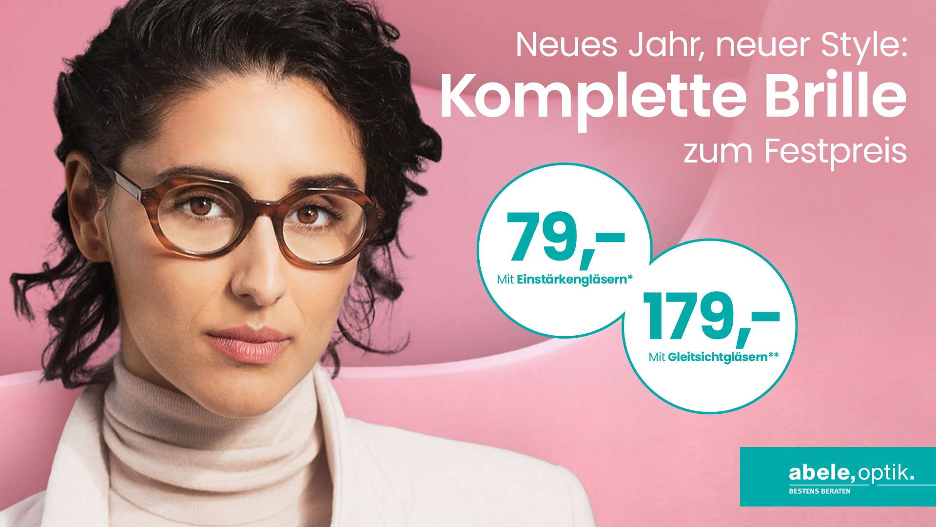 Das Bild zeigt das Angebot des Monats von Abele Optik: Komplettbrille günstig zum Festpreis (entweder mit Einstärkengläsern oder mit Gleitsichtgläsern).
