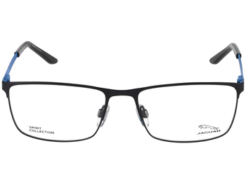 Zu sehen ist eine blau-schwarze Brille mit rechteckigen Gläsern