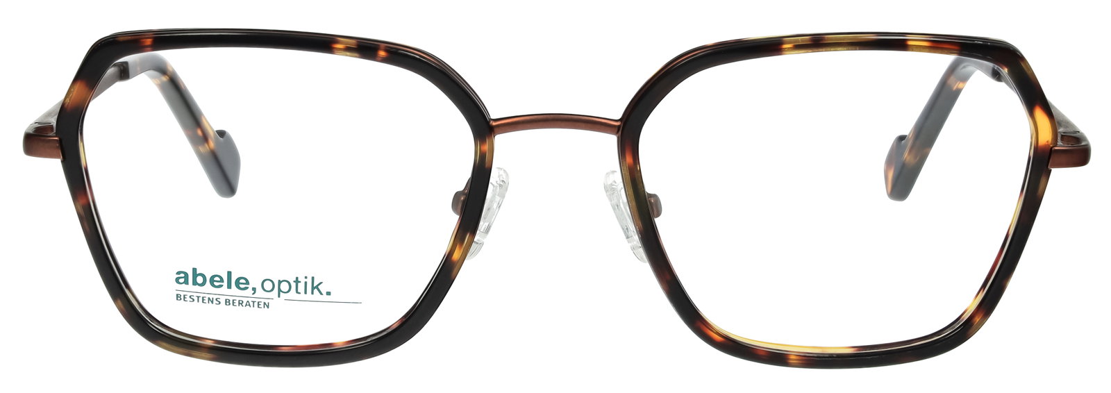 Das Bild zeigt eine mehreckige Kunststoffbrille in Havanna-Optik von vorne.