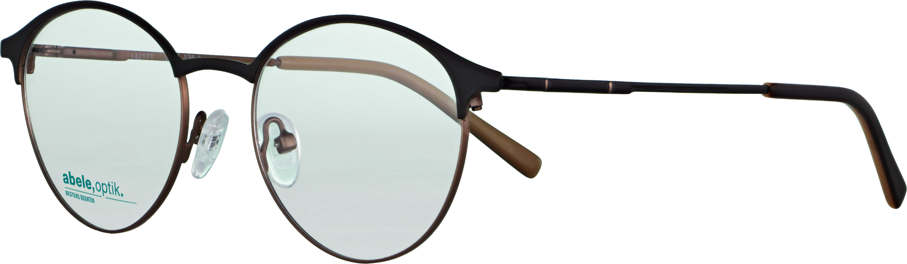 Das Bild zeigt die Korrektionsbrille 142171 von der Marke Abele Optik in schwarz matt / braun.
