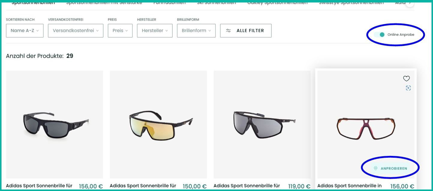 zu sehen ist ein Screenshot des Abele Optik Onlineshops, der die Online Anprobe Funktion abbildet